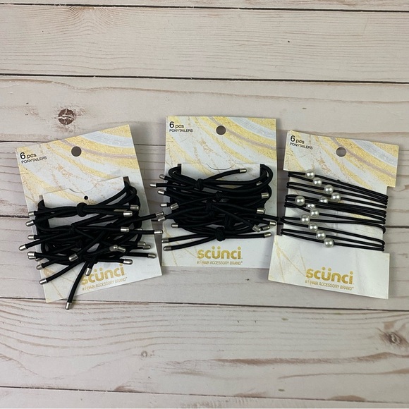3x Scunci Ponytailers 6-pcs each pack Black 1 with Faux Pearls - Picture 1 of 6